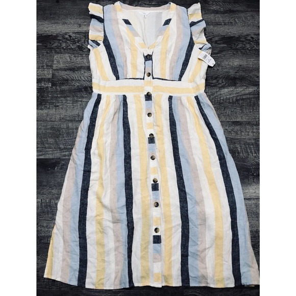 Time & Tru Linen Blend XXL (20) Dress Yellow White Flutter Sleeve Summer NEW F3 - Picture 2 of 8